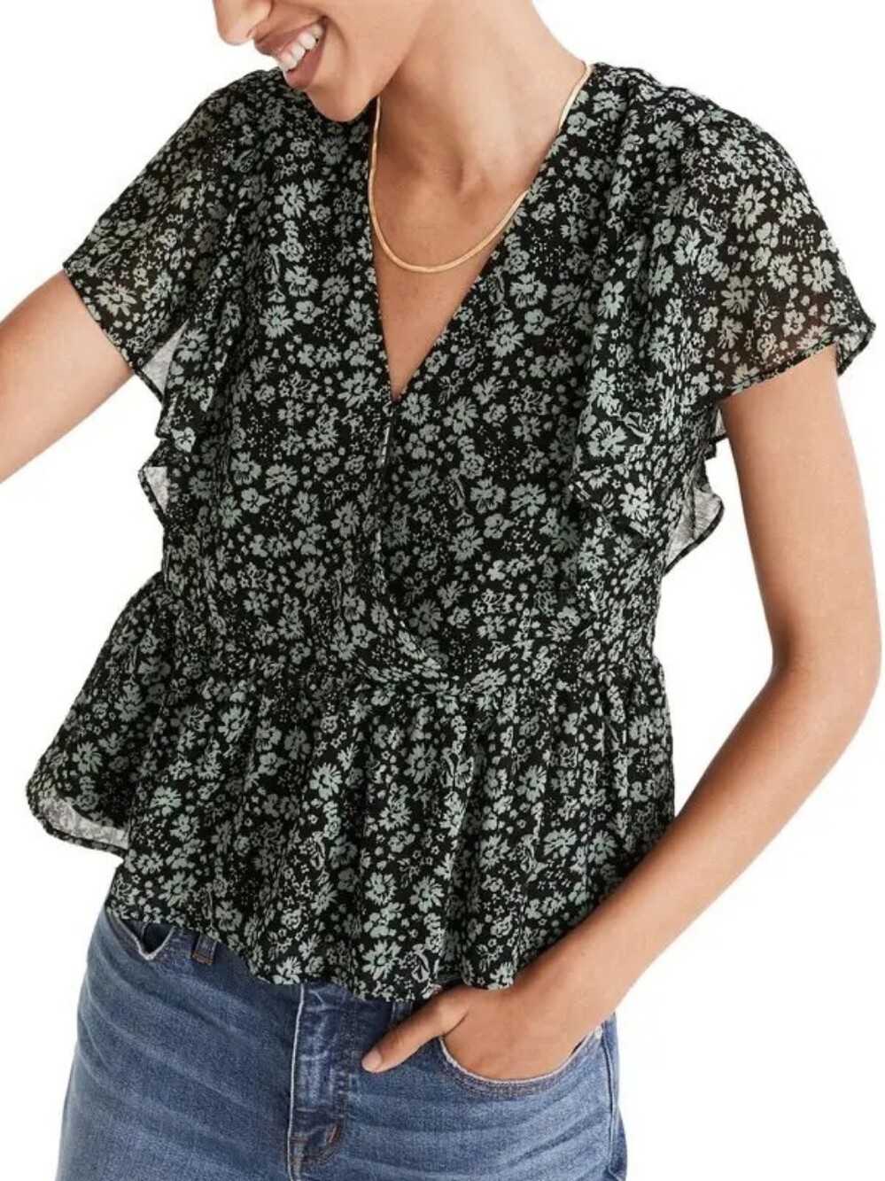 Madewell Fleur Field Georgette Ruffle Sleeve Peplum Top, Small